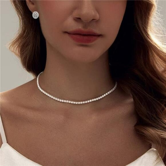 Silver Tennis Necklace Bracelet Earrings Set Wedding Jewelry Bridesmaid Prom Gif - Picture 4 of 7